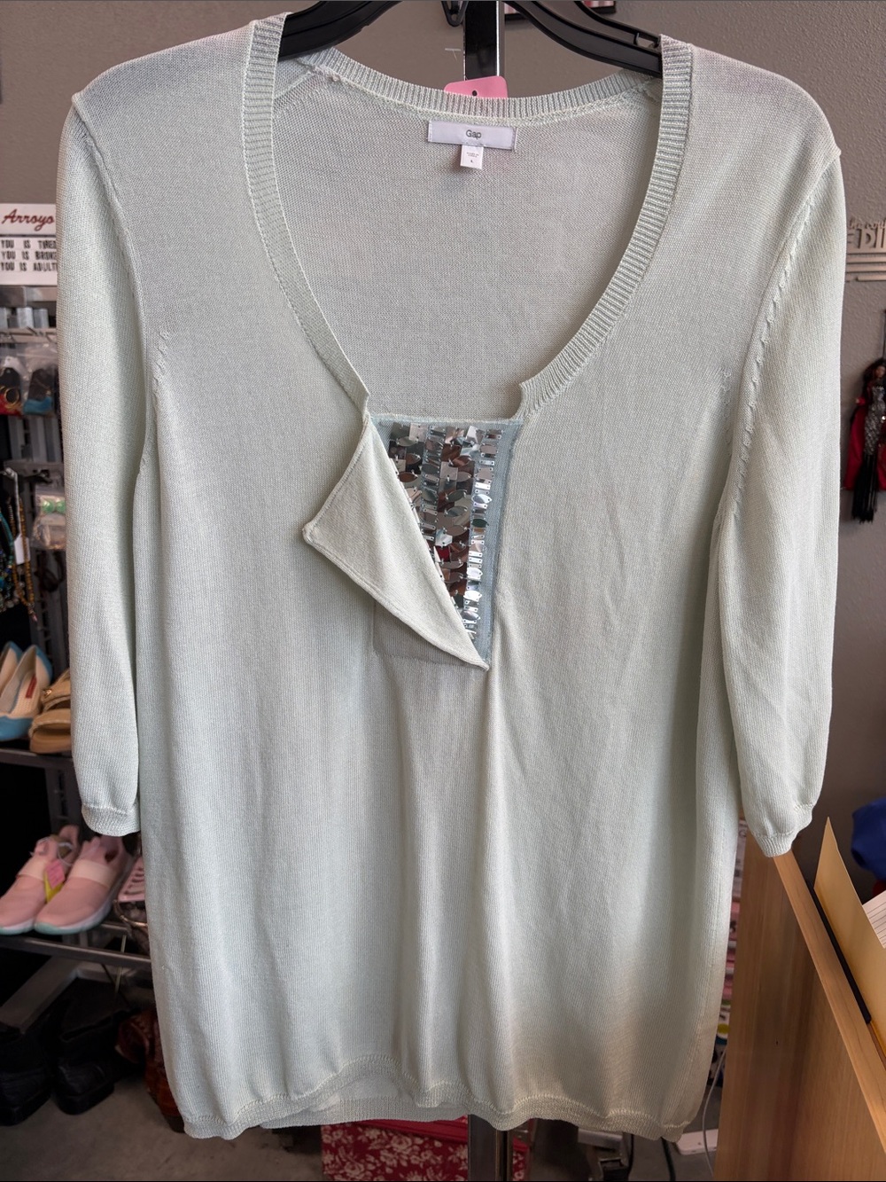 GAP Mint Green Long-Sleeve Knit Dress with Sequin Trim 2RAKRD